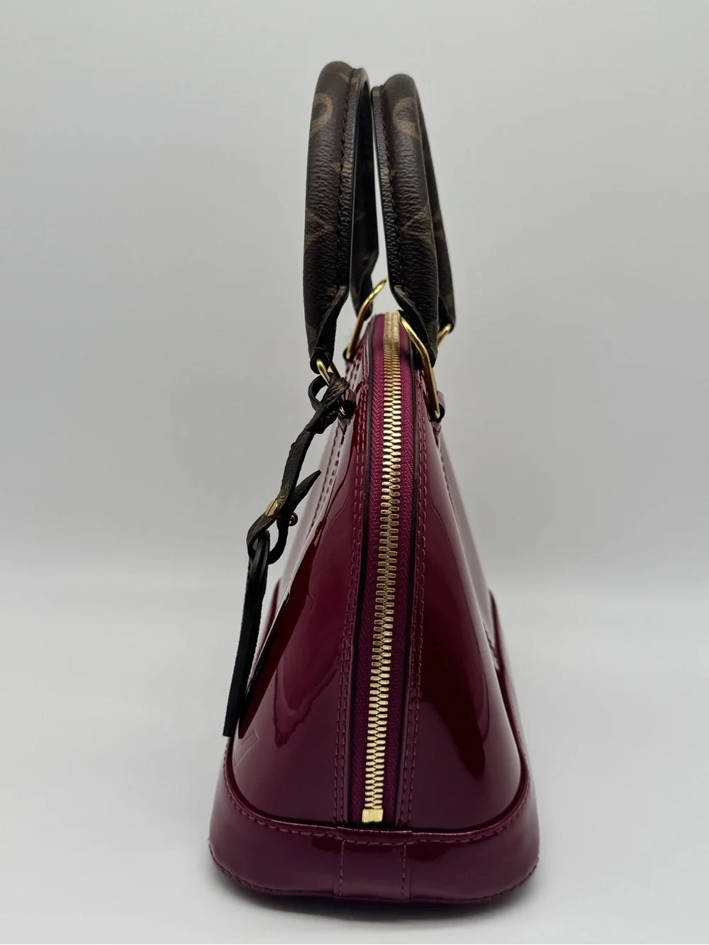 Louis Vuitton Alma BB Vernis Satchel in Deep Cherry with Monogram Strap